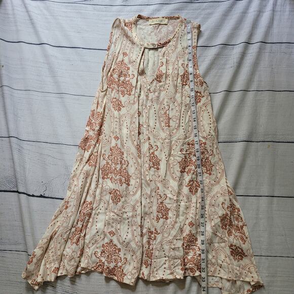 Audrey 3 + 1 Size S Cream Brown Fleur de Lis Print Shift Dress Boho Retro - Picture 4 of 7